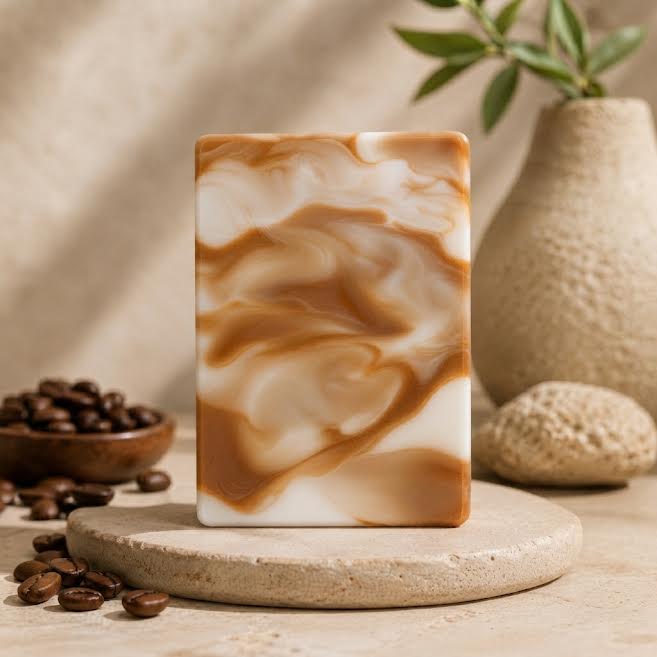 Natural coffee and niacinamide soap bar for brightening Asian skin glow.