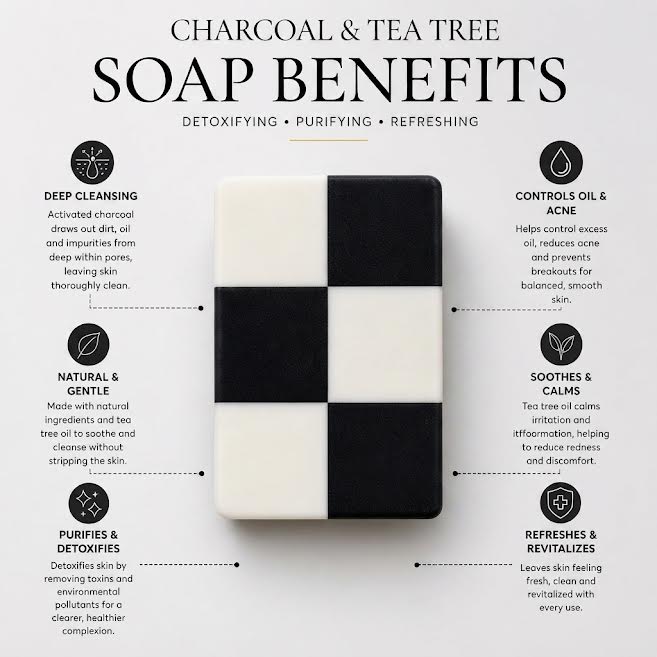 Black charcoal and tea tree soap bar by Asian Glow on a bamboo soap dish with fresh tea tree leaves.