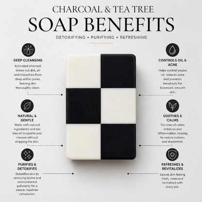 Black charcoal and tea tree soap bar by Asian Glow on a bamboo soap dish with fresh tea tree leaves.