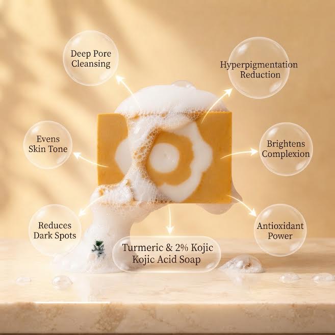 A single bar of yellow-orange Asian Glow Turmeric and Kojic Acid Soap resting on a clean white surface.