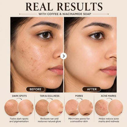 Asian glow brightening soap formulated with organic coffee grounds and niacinamide.